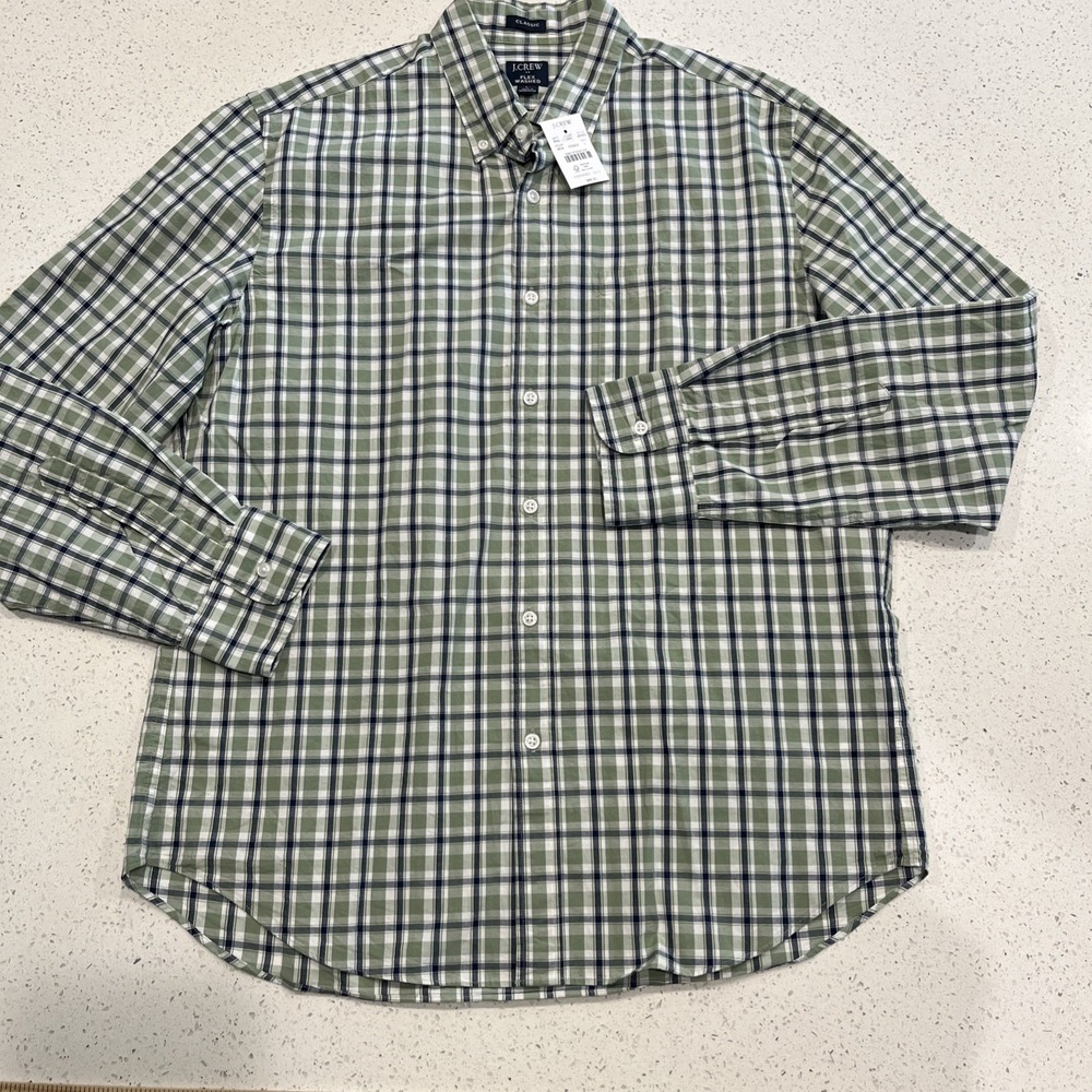 NWT J. CREW Flex Washed Classic Fit Men's Green Plaid Button Down Size L NWT
